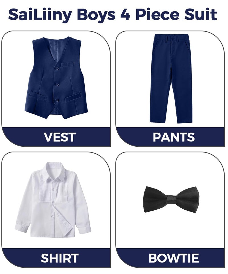 SaiLiiny Toddler Suits for Boys Wedding Suit Dress Shirt Navy Blue Vest and Pants Sets for Boy with Bow Tie Size 4T - Image 2